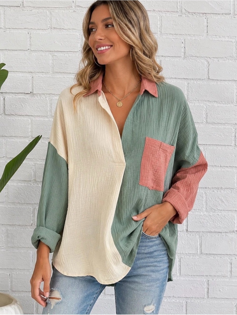 entro Three-Tone Colorblock Button-Up Blouse in Cream, Sage & Rose